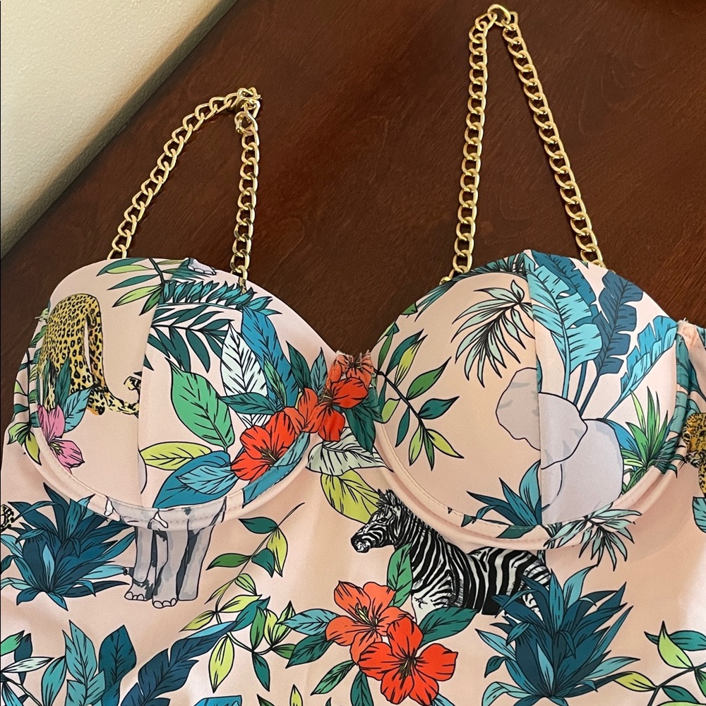 Tropical Print one piece swim suit with Gold Chain Straps